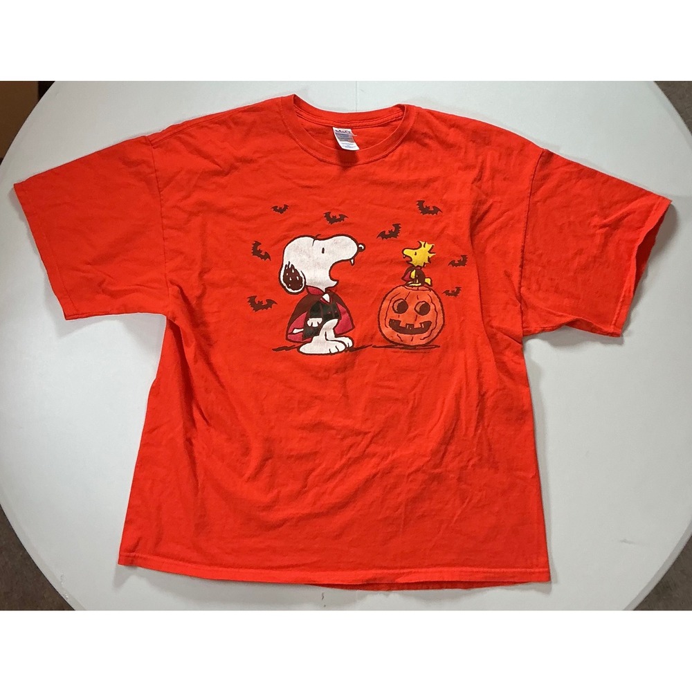 VTG Y2K Peanuts Snoopy Vampire Halloween T Shirt Mens XXL Orange Woodstock Bats